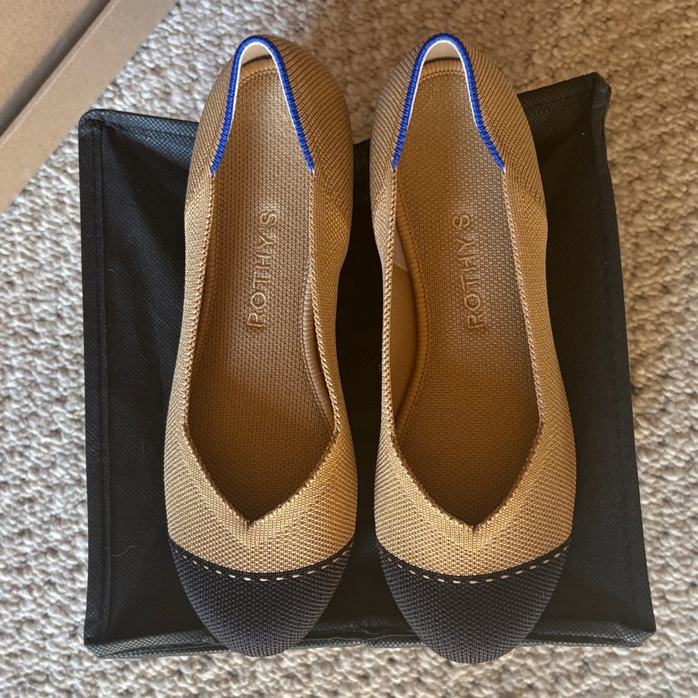 Rothy's Tan and Black Flats with Blue Accents